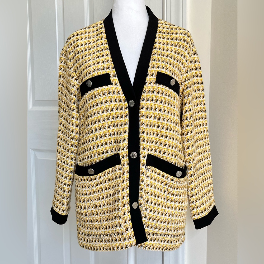 Ma­je Visidore Tweed Cardigan Sweater Blazer Jacket Yellow Gold Black 36 S Small - Picture 2 of 8